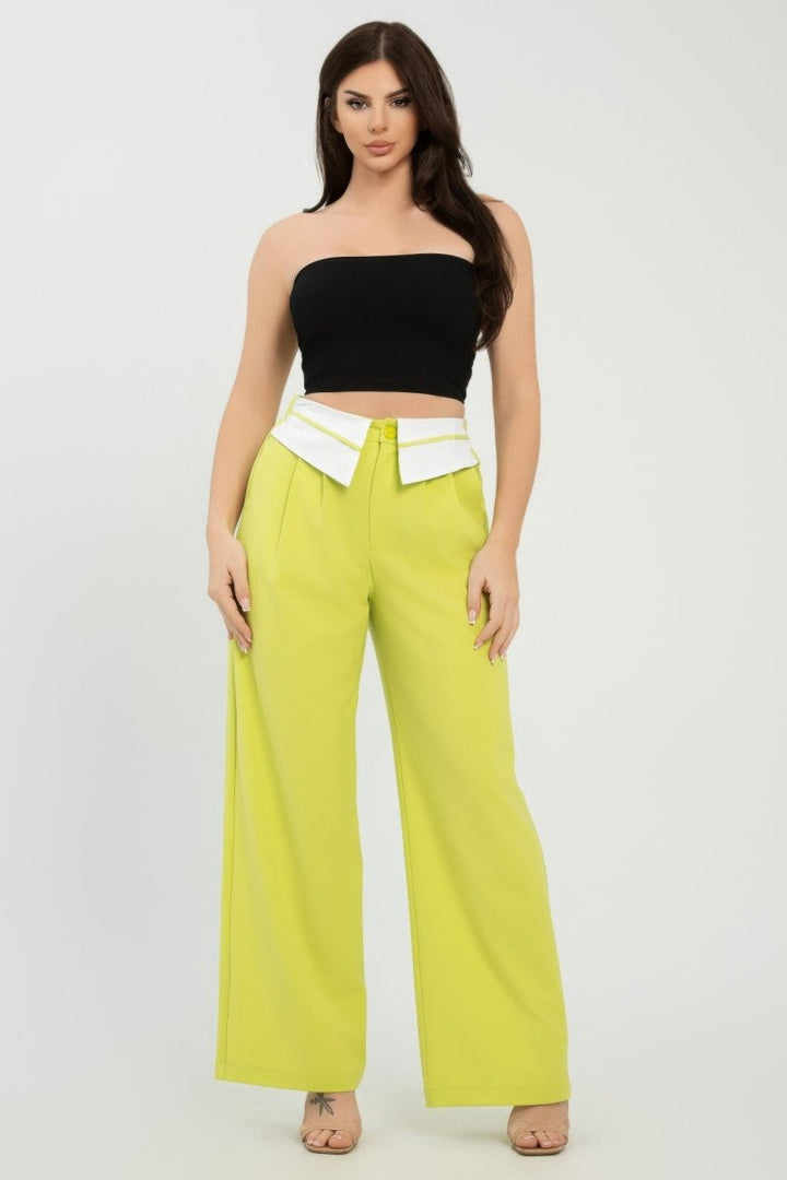 Fold - Over Khaki Polyester Wide - Leg Pants - AMVIM