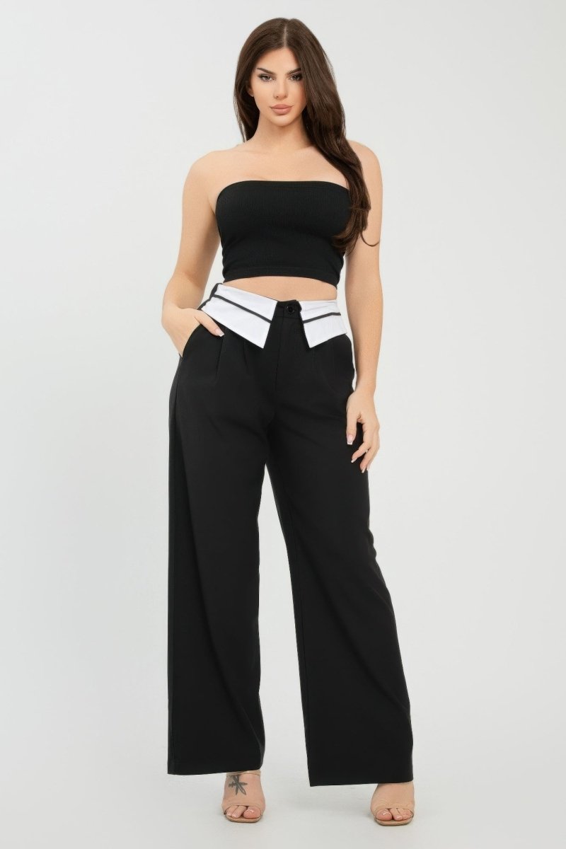 Fold - Over Khaki Polyester Wide - Leg Pants - AMVIM