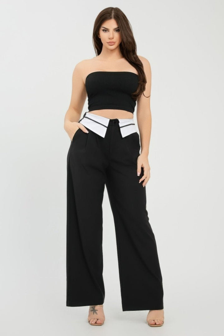 Fold - Over Khaki Polyester Wide - Leg Pants - AMVIM