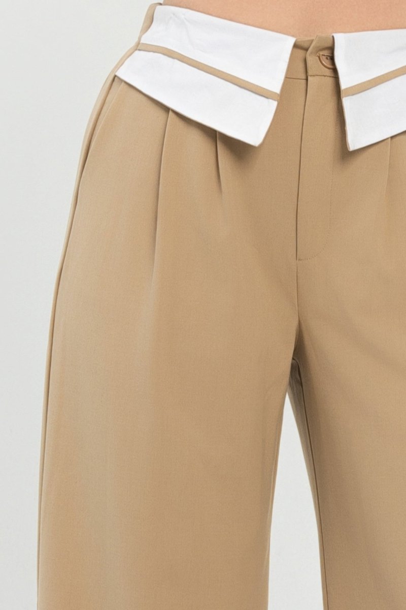Fold - Over Khaki Polyester Wide - Leg Pants - AMVIM