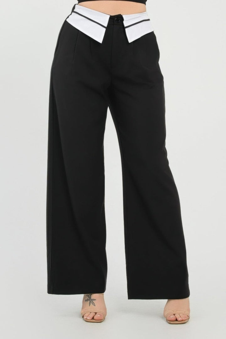 Fold - Over Khaki Polyester Wide - Leg Pants - AMVIM