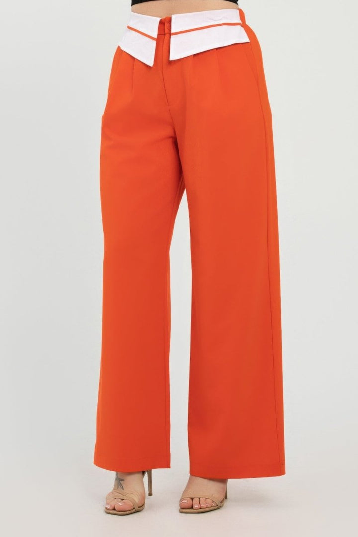 Fold - Over Khaki Polyester Wide - Leg Pants - AMVIM