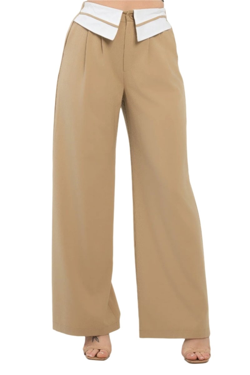 Fold - Over Khaki Polyester Wide - Leg Pants - AMVIM