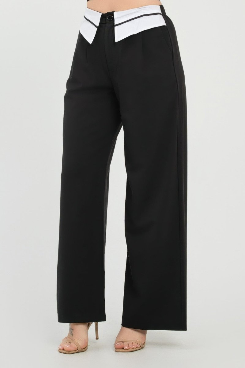 Fold - Over Khaki Polyester Wide - Leg Pants - AMVIM