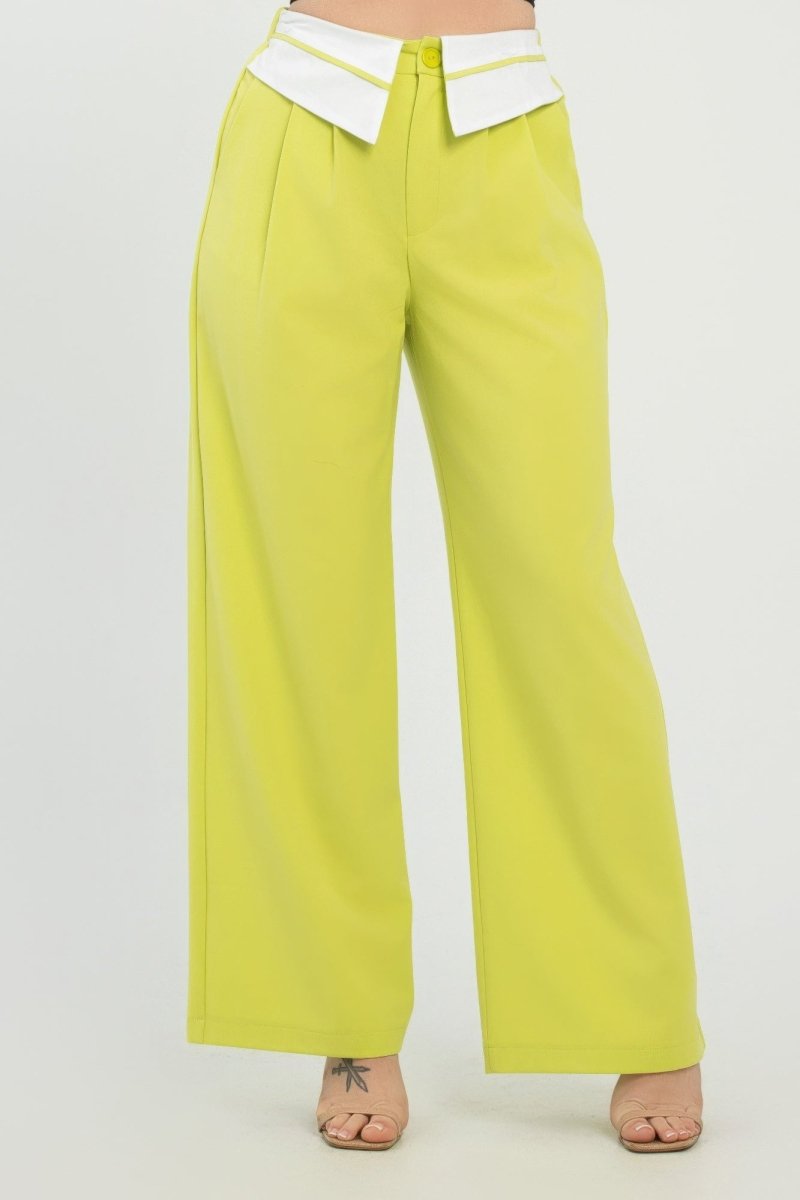 Fold - Over Khaki Polyester Wide - Leg Pants - AMVIM