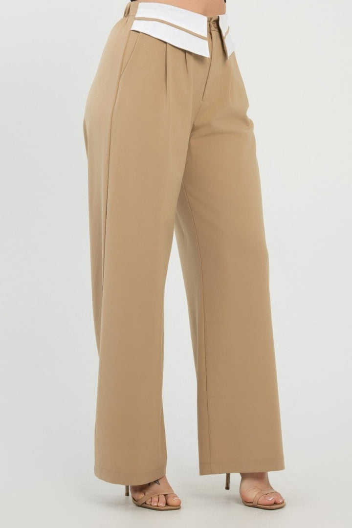 Fold - Over Khaki Polyester Wide - Leg Pants - AMVIM