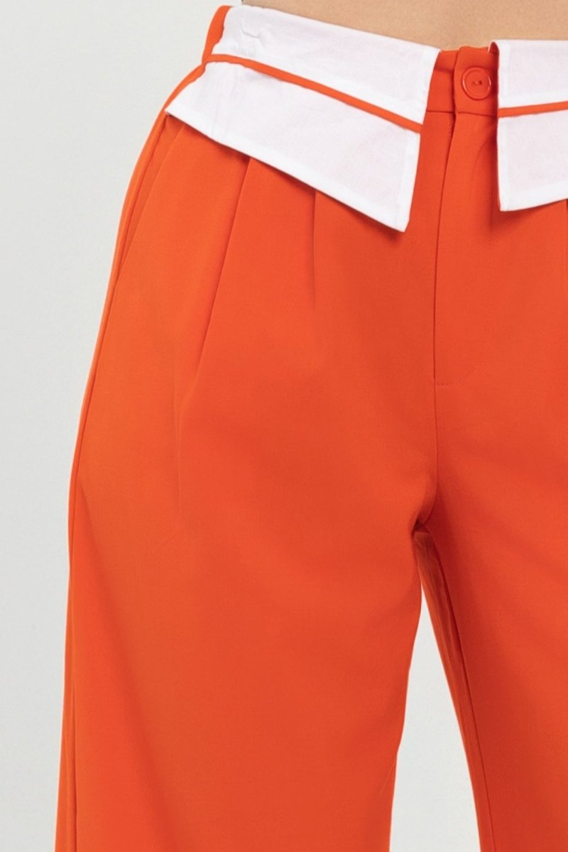 Fold - Over Khaki Polyester Wide - Leg Pants - AMVIM