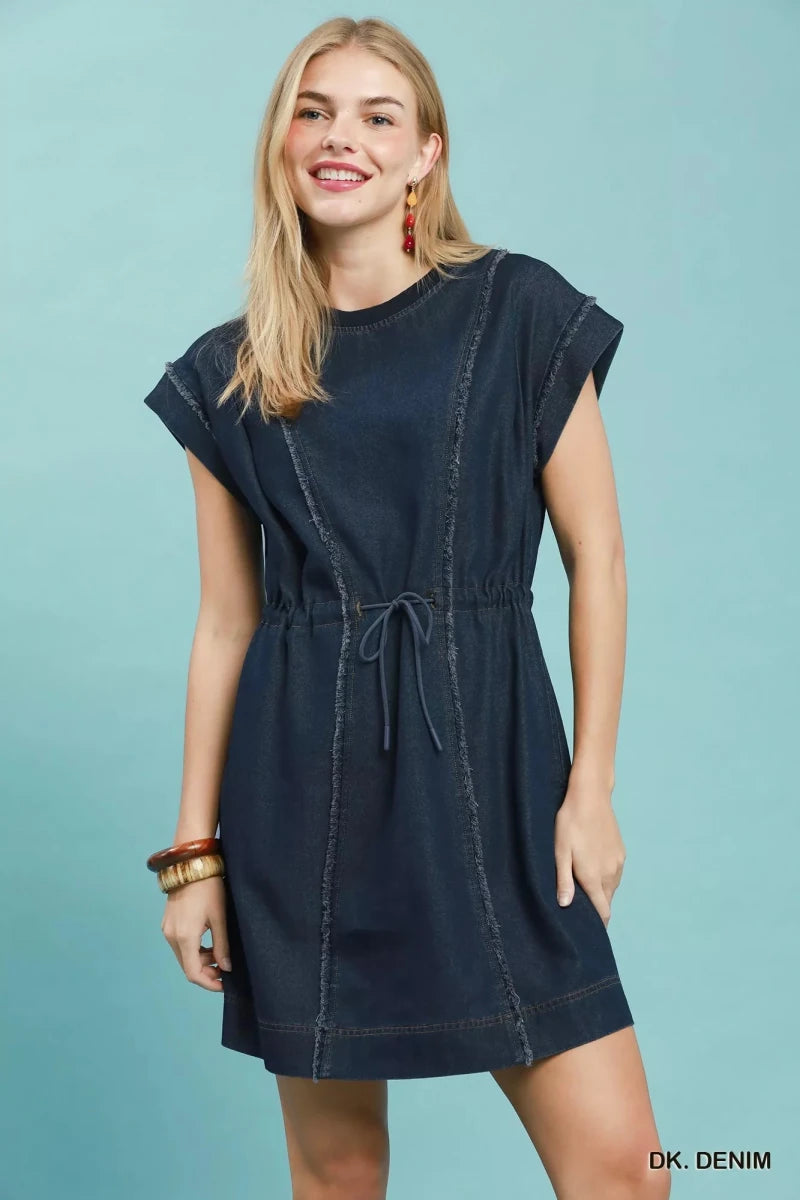 Frayed Denim Mini Dress with Drawstring Waist - AMVIM