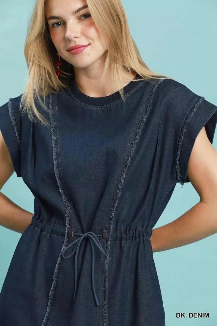 Frayed Denim Mini Dress with Drawstring Waist - AMVIM