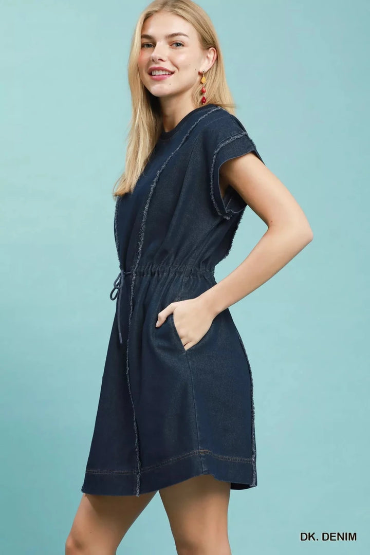 Frayed Denim Mini Dress with Drawstring Waist - AMVIM