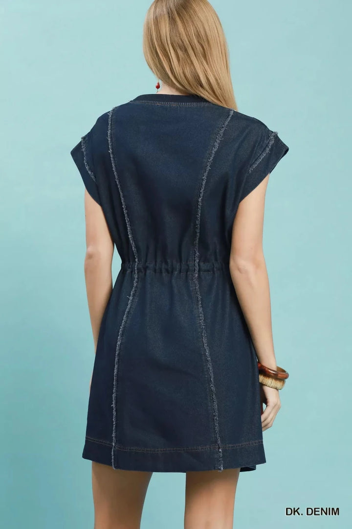 Frayed Denim Mini Dress with Drawstring Waist - AMVIM