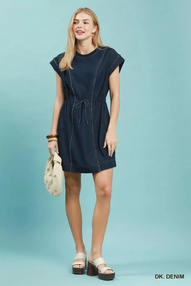 Frayed Denim Mini Dress with Drawstring Waist - AMVIM