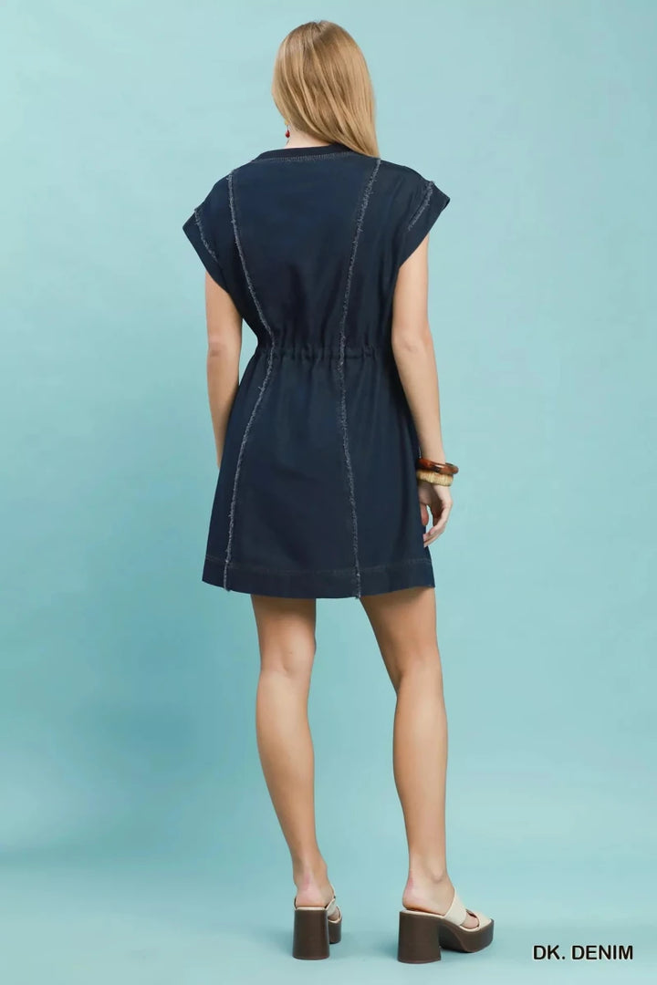 Frayed Denim Mini Dress with Drawstring Waist - AMVIM