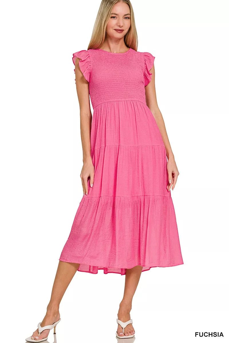 Fuchsia Smocked Waist Ruffle Sleeve Midi Dress - Women's Wedding Guest Spring Bridal Shower Dress - AMVIM