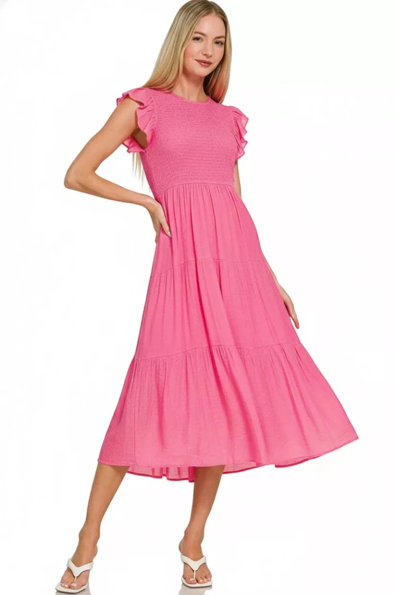 Fuchsia Smocked Waist Ruffle Sleeve Midi Dress - Women&