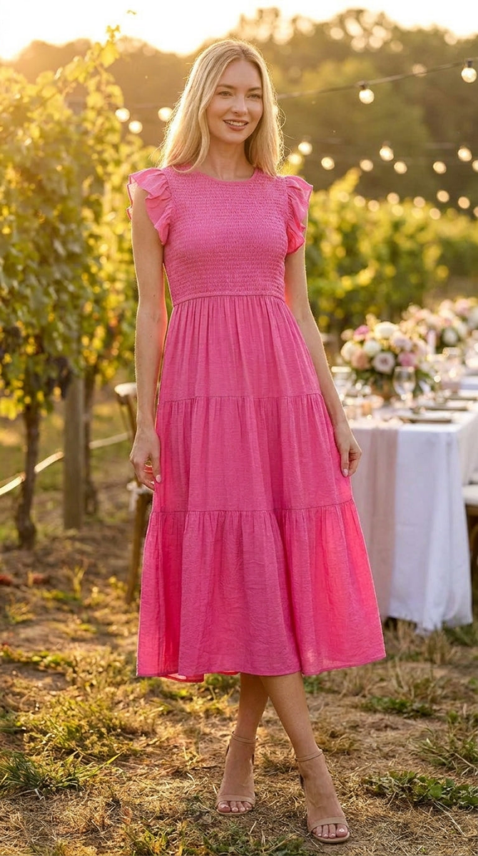 Fuchsia Smocked Waist Ruffle Sleeve Midi Dress - Women&