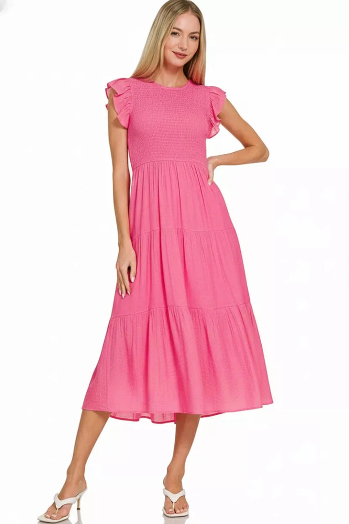 Fuchsia Smocked Waist Ruffle Sleeve Midi Dress - Women&