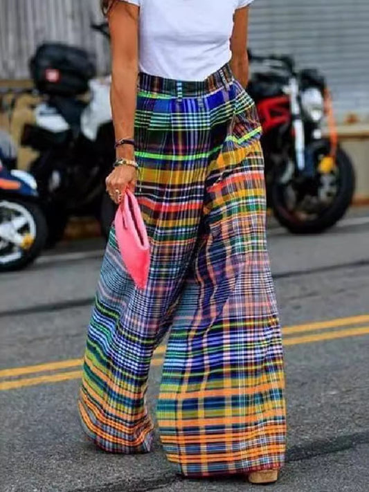 Full Size Plaid Wide Leg Pants - AMVIM