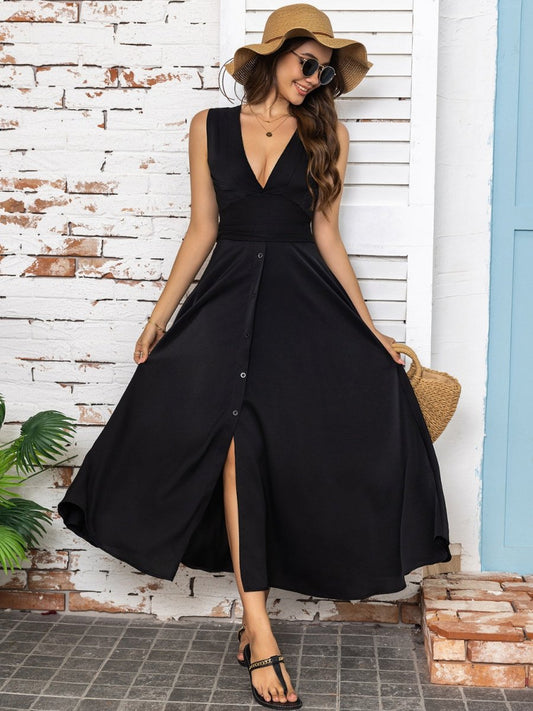 Full Size Slit V - Neck Sleeveless Midi Dress - AMVIM