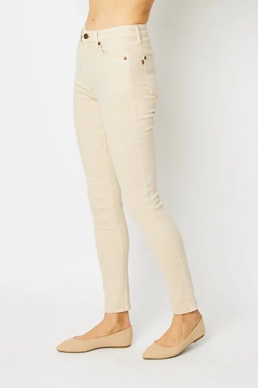 Garment Dyed High Rise Tummy Control Skinny Work Jeans - AMVIM