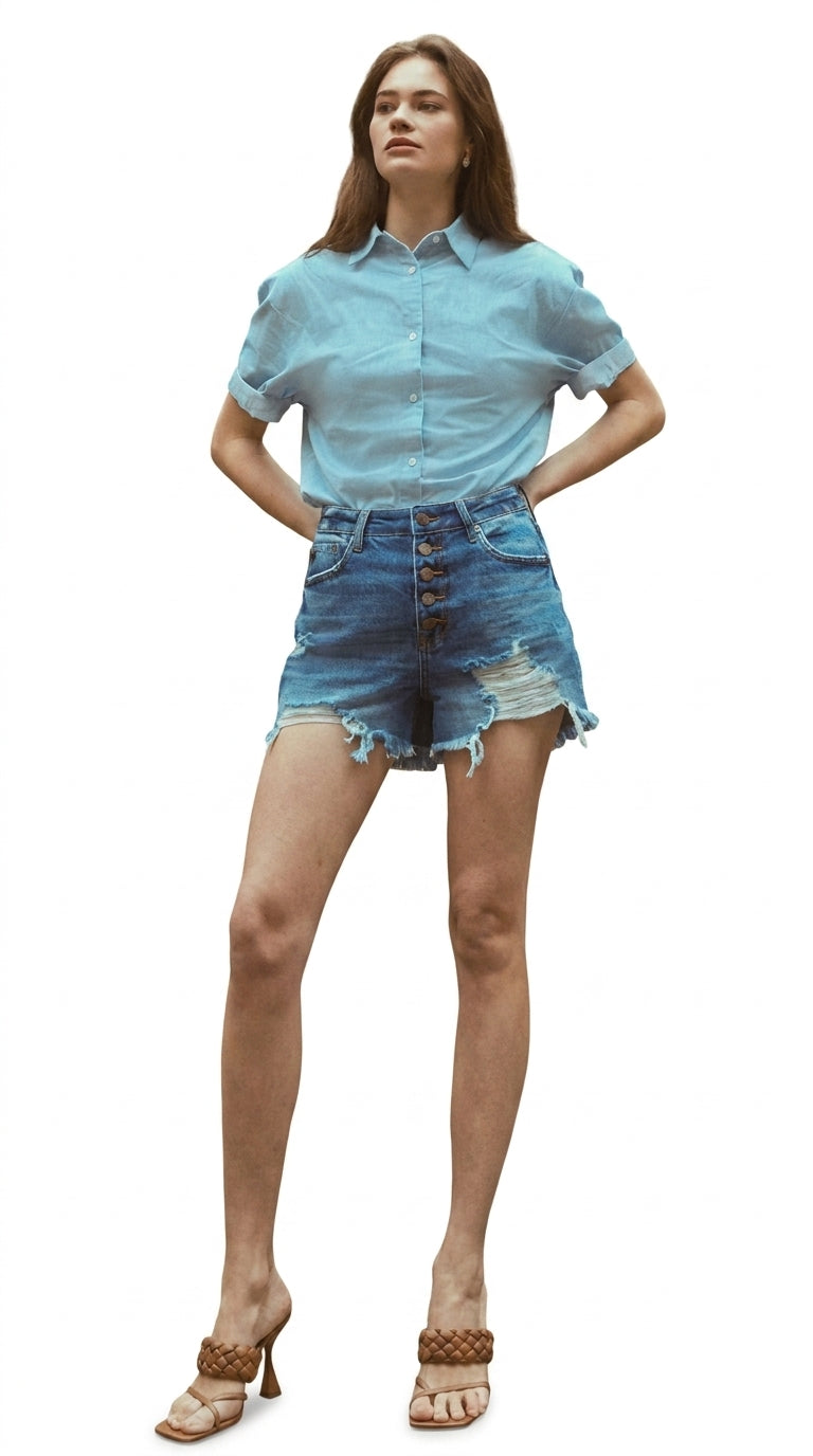 Kancan Distressed High-Waisted Button-Fly Denim Shorts - AMVIM