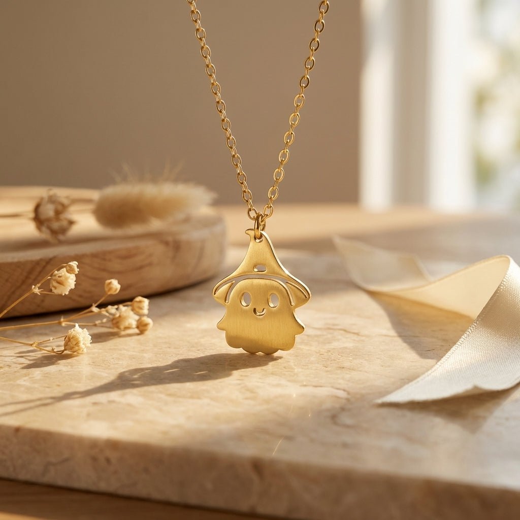 Ghost Pendant Necklace - 18K Gold Titanium Steel Chain Women's Jewelry - AMVIM