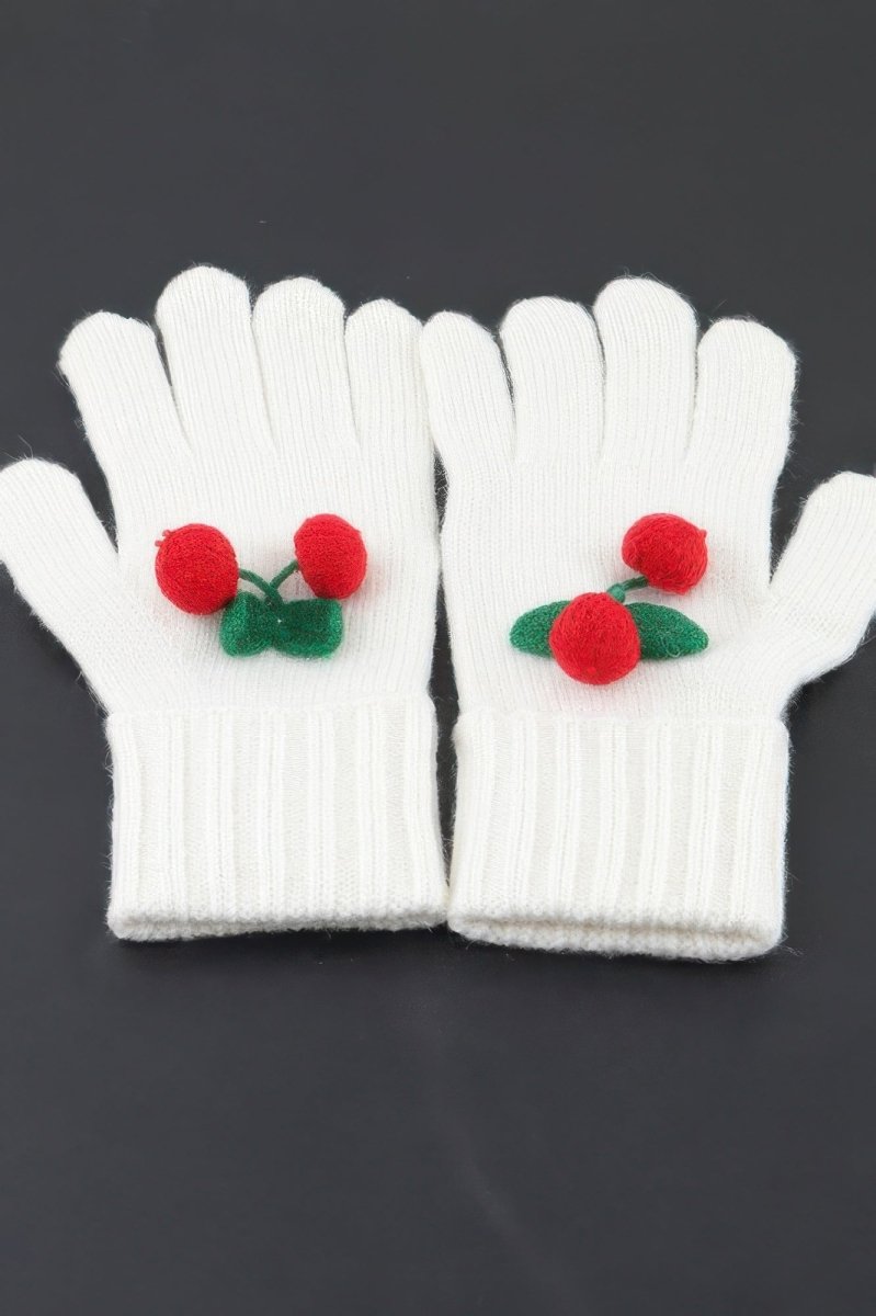 Girls’ Soft Knit Cherry Beanie and Gloves Winter Set - AMVIM