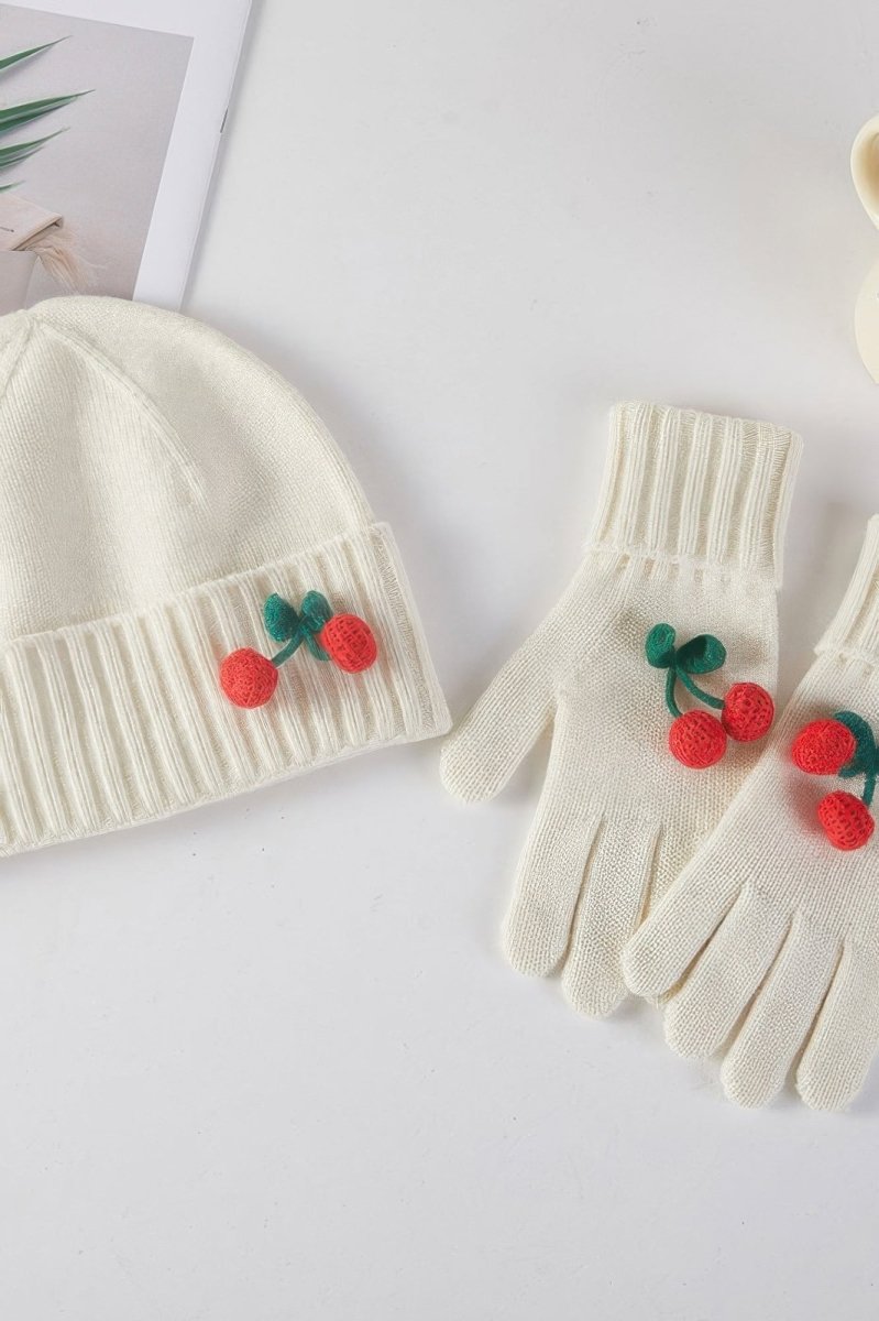 Girls’ Soft Knit Cherry Beanie and Gloves Winter Set - AMVIM