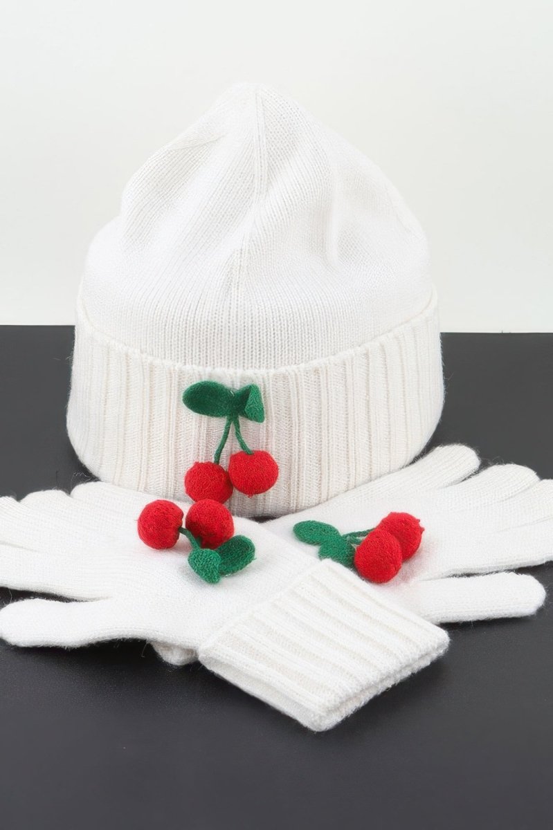 Girls’ Soft Knit Cherry Beanie and Gloves Winter Set - AMVIM