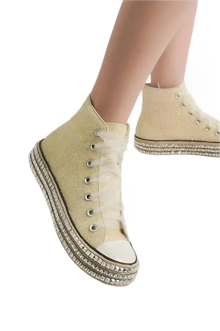 Glitter Lace - Up Studded Platform Sneakers – High Top Flats - AMVIM
