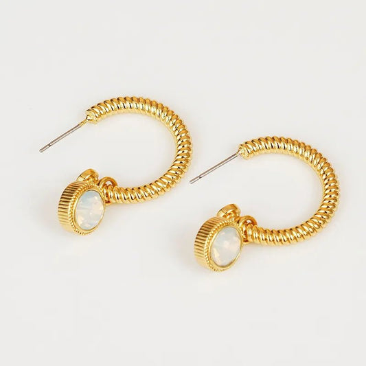 Gold - Plated Hoop Earrings with Cat's Eye Stone Charm - AMVIM