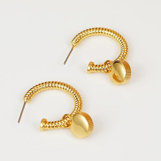 Gold - Plated Hoop Earrings with Cat's Eye Stone Charm - AMVIM