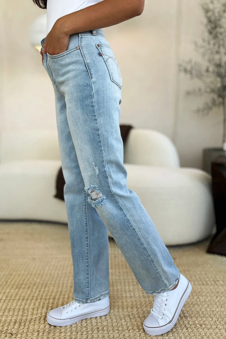High Waist Distressed Straight Leg Jeans – Slim Fit Denim Style - AMVIM