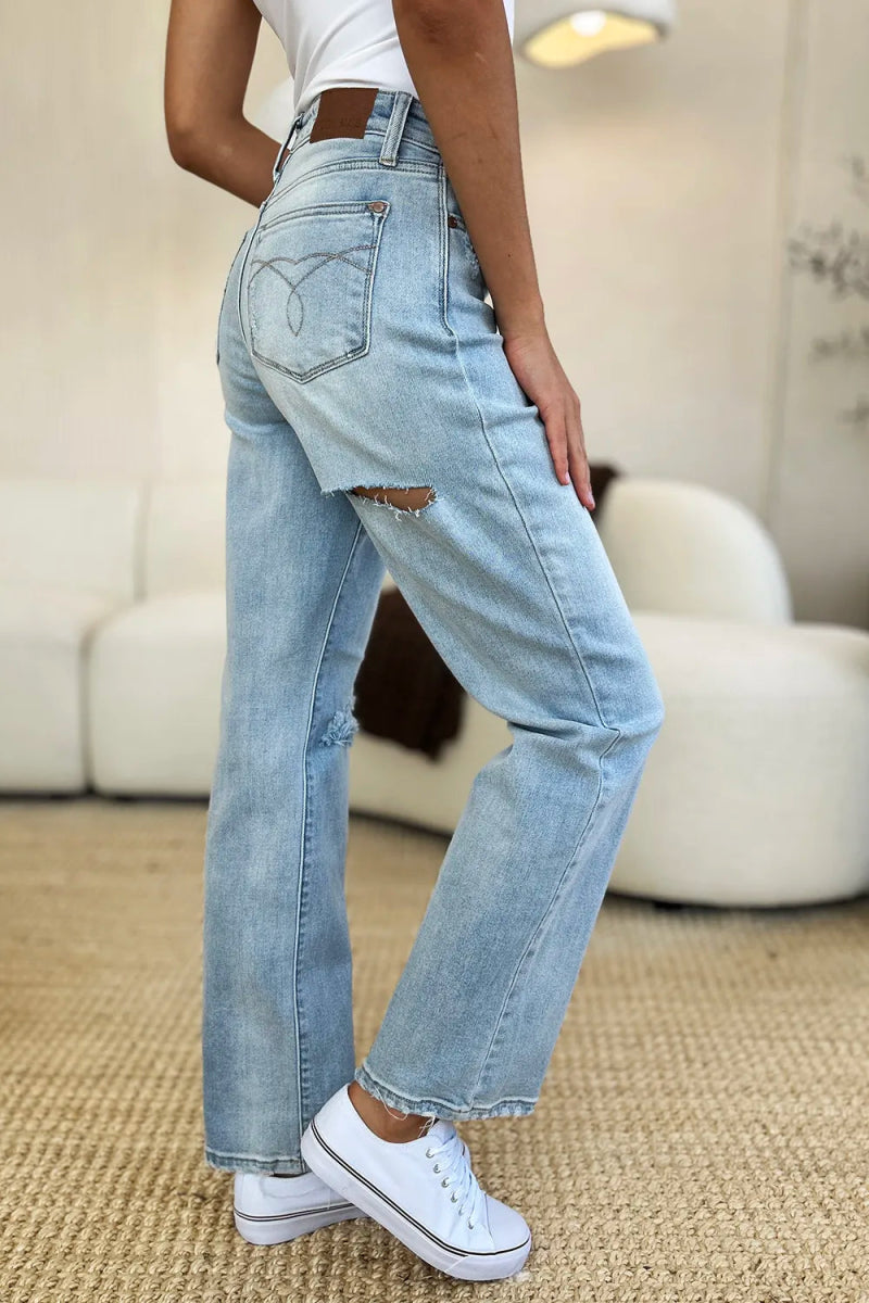 High Waist Distressed Straight Leg Jeans – Slim Fit Denim Style - AMVIM