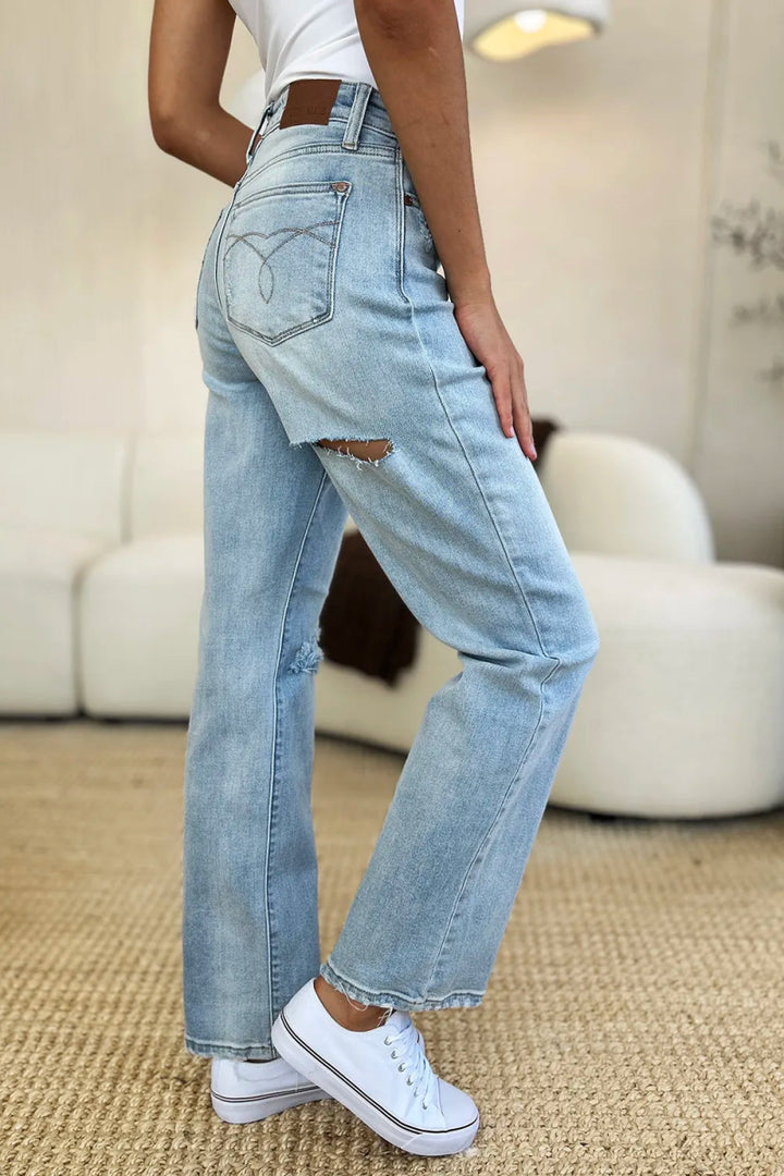High Waist Distressed Straight Leg Jeans – Slim Fit Denim Style - AMVIM