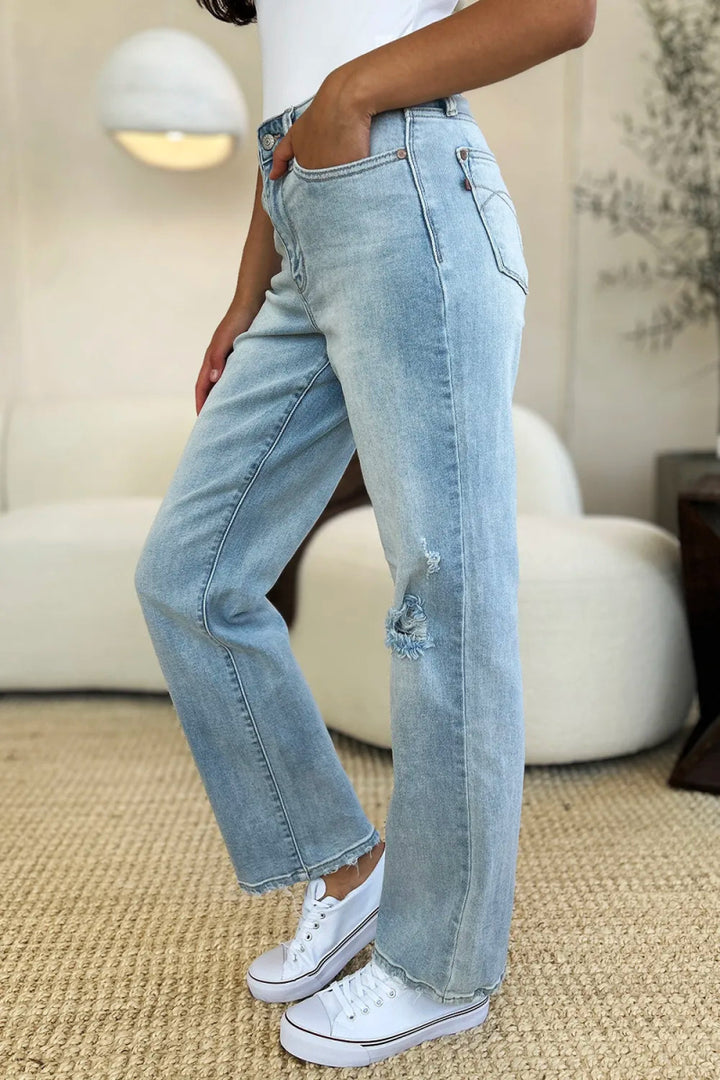 High Waist Distressed Straight Leg Jeans – Slim Fit Denim Style - AMVIM