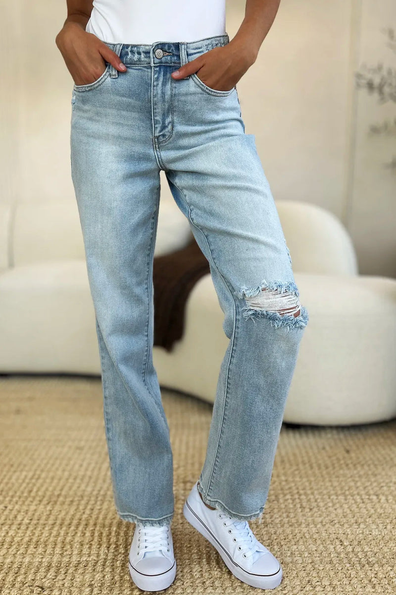 High Waist Distressed Straight Leg Jeans – Slim Fit Denim Style - AMVIM