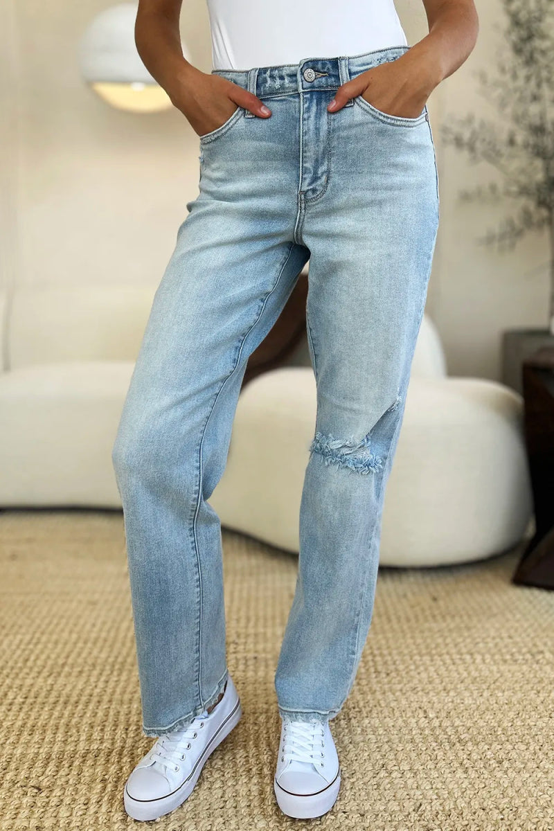High Waist Distressed Straight Leg Jeans – Slim Fit Denim Style - AMVIM