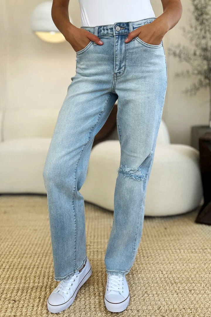 High Waist Distressed Straight Leg Jeans – Slim Fit Denim Style - AMVIM