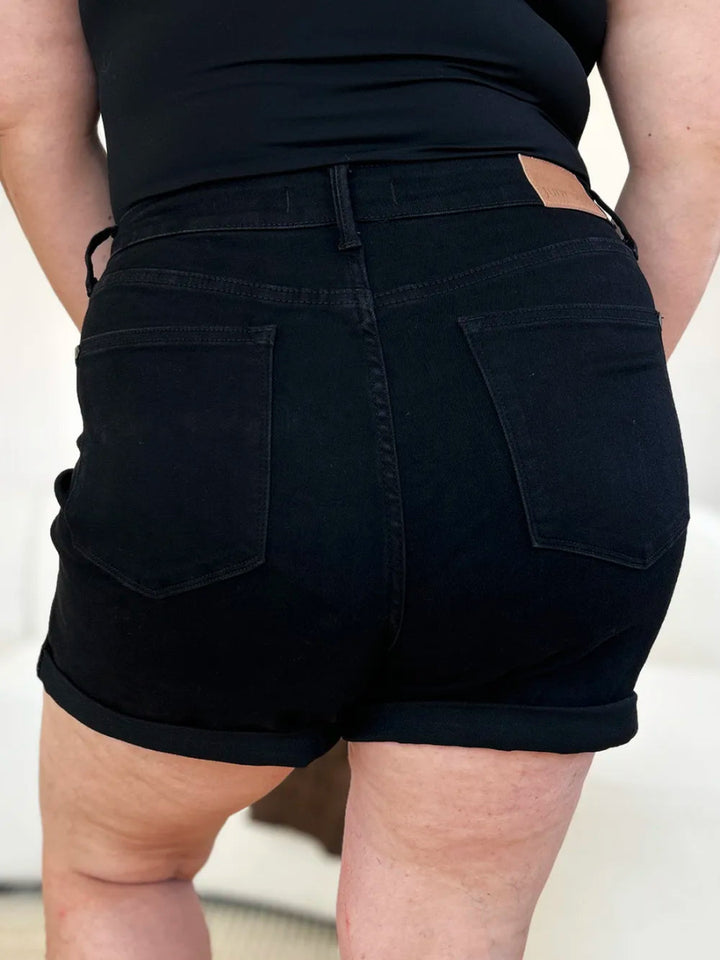 High Waist Tummy Control Cuffed Denim Shorts - AMVIM