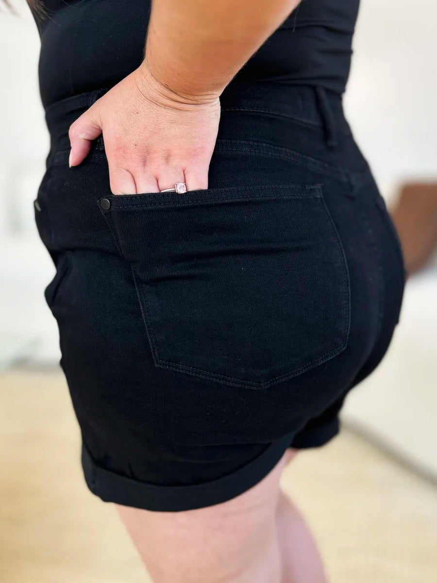 High Waist Tummy Control Cuffed Denim Shorts - AMVIM