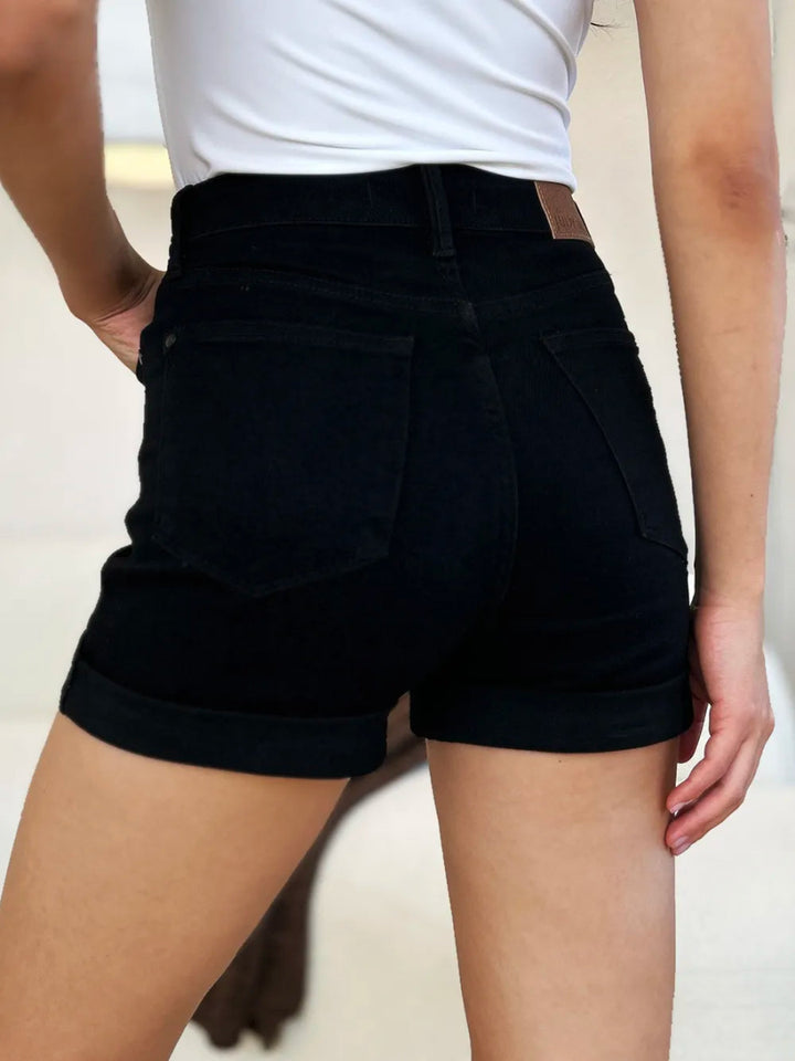 High Waist Tummy Control Cuffed Denim Shorts - AMVIM