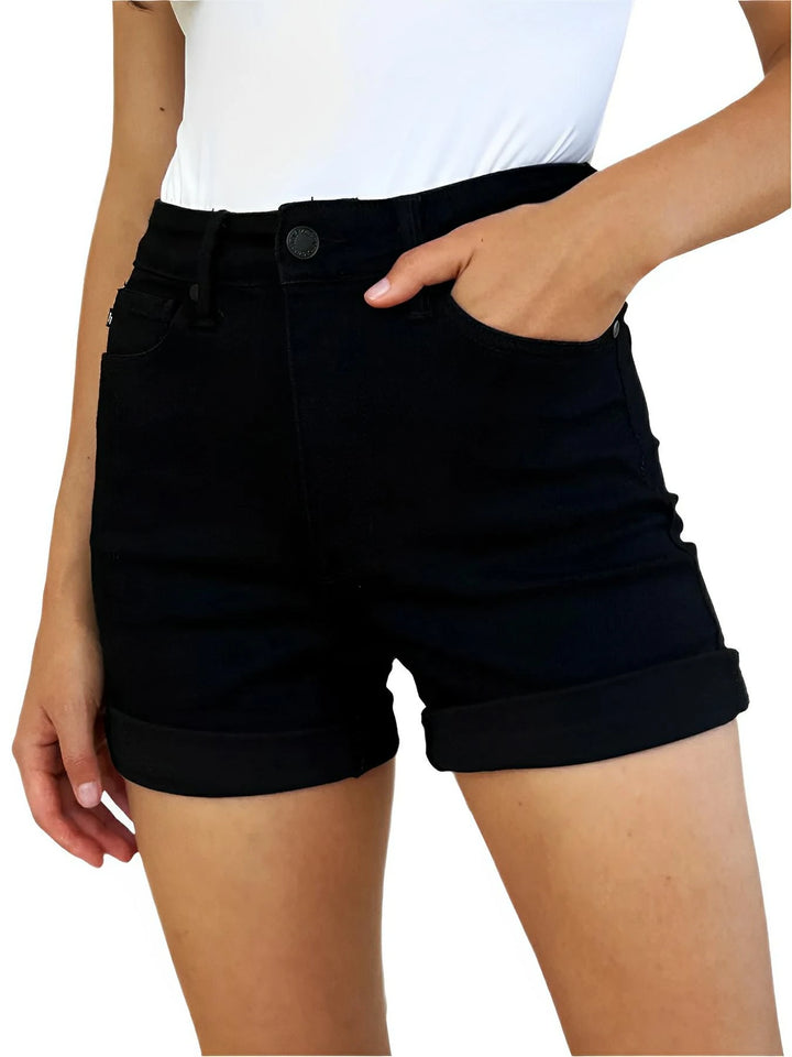 High Waist Tummy Control Cuffed Denim Shorts - AMVIM