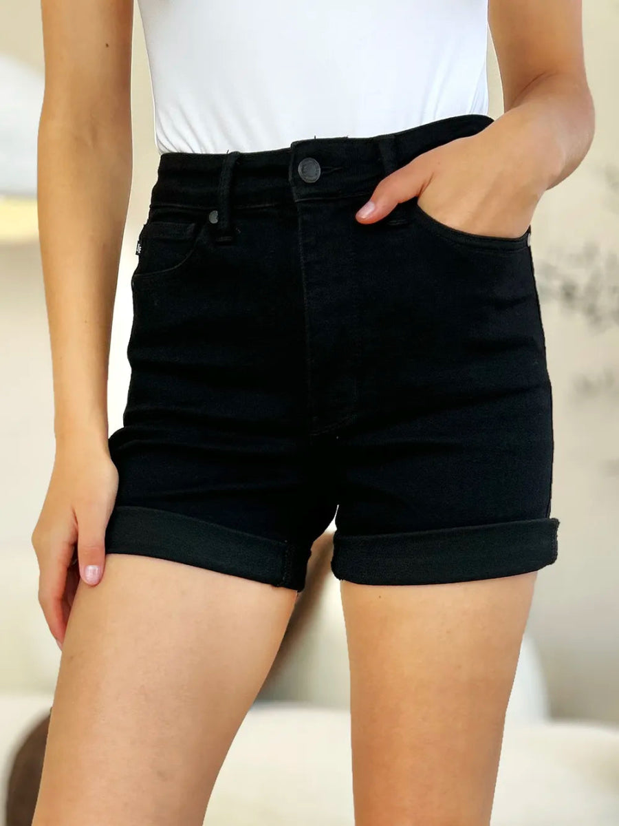 High Waist Tummy Control Cuffed Denim Shorts - AMVIM