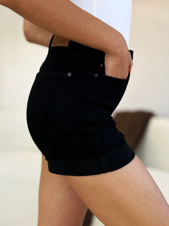 High Waist Tummy Control Cuffed Denim Shorts - AMVIM