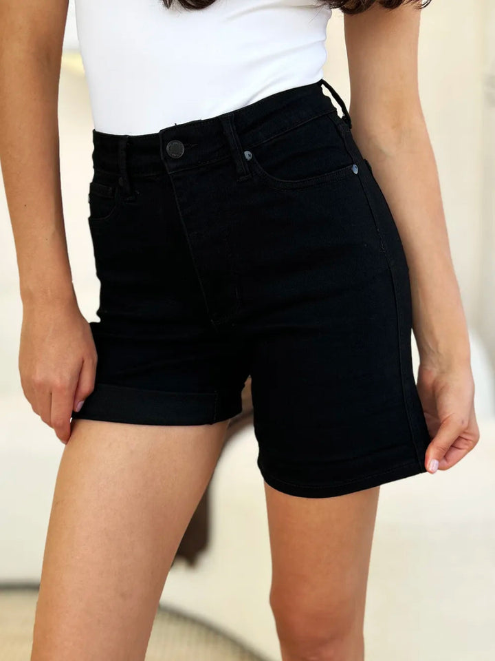 High Waist Tummy Control Cuffed Denim Shorts - AMVIM
