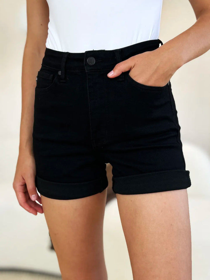 High Waist Tummy Control Cuffed Denim Shorts - AMVIM