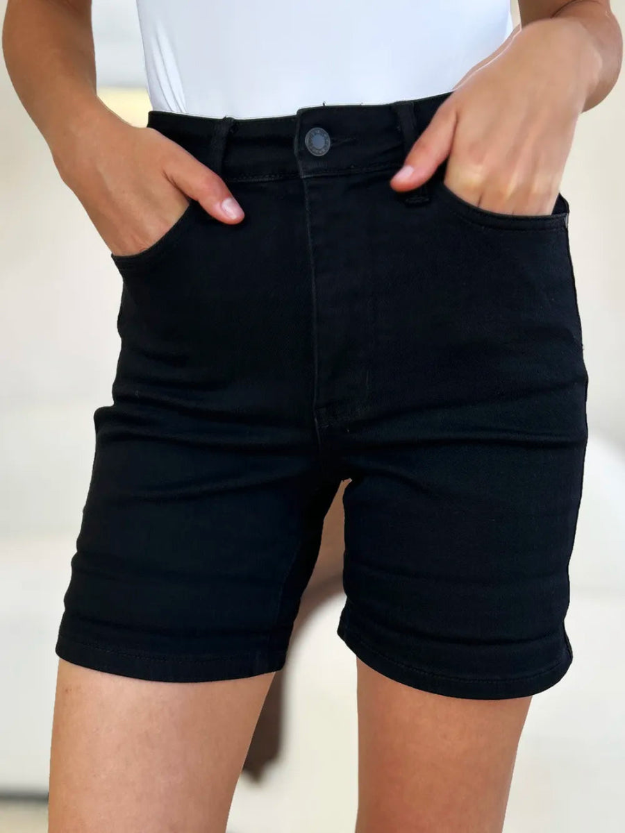 High Waist Tummy Control Cuffed Denim Shorts - AMVIM
