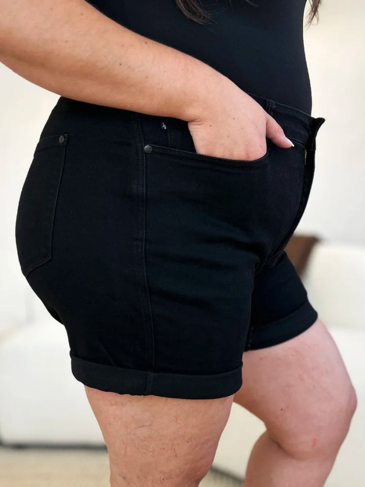 High Waist Tummy Control Cuffed Denim Shorts - AMVIM