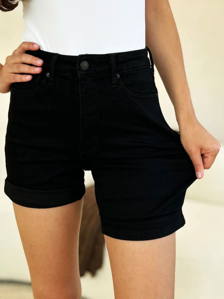 High Waist Tummy Control Cuffed Denim Shorts - AMVIM